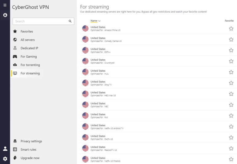 Screencapture of Cyberghost Vpn Shwoing Cyberghost Streaming Servers.