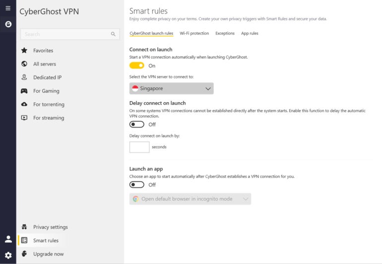 Smart Rules Panel in Cyberghost Vpn.