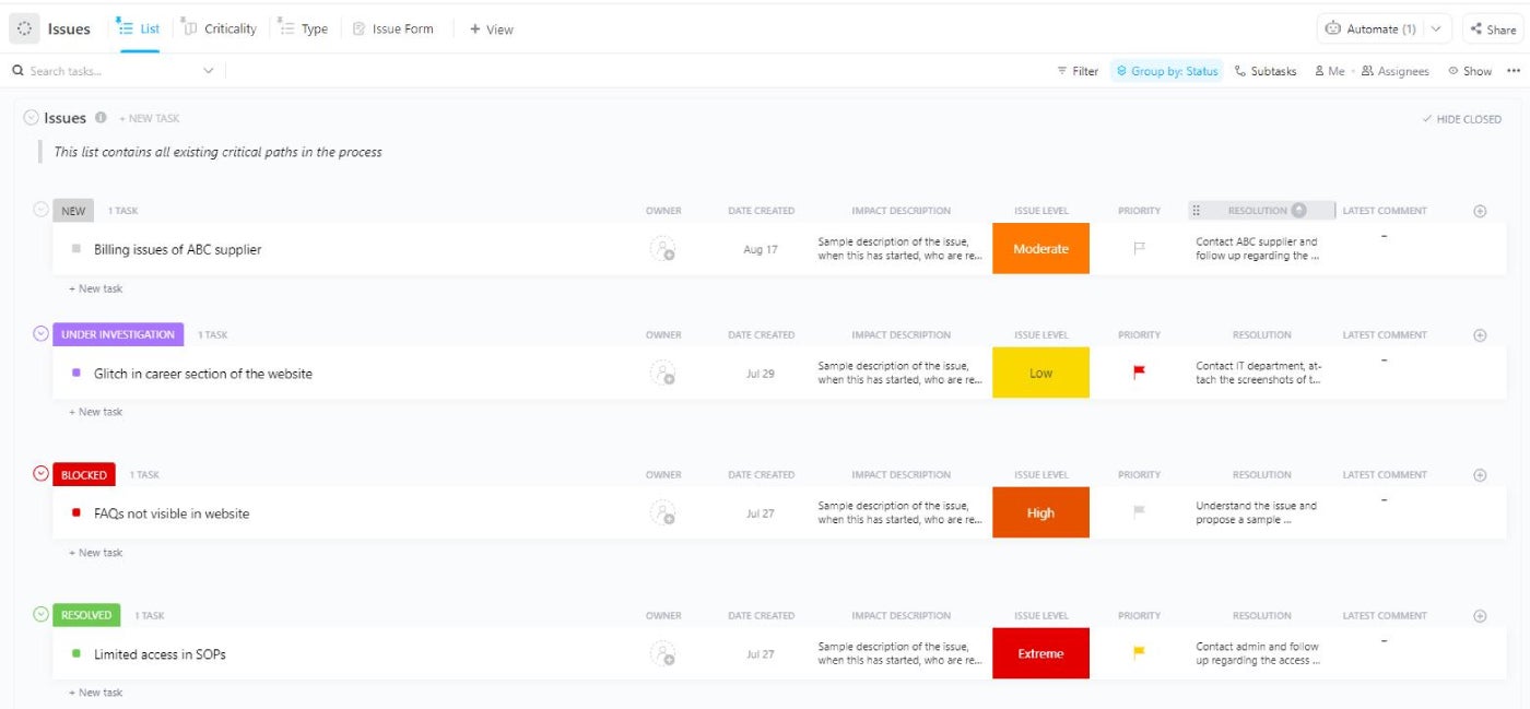 Clickup Raid Log Template.