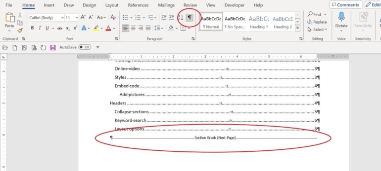 Use Show/hide to Find Section Breaks.