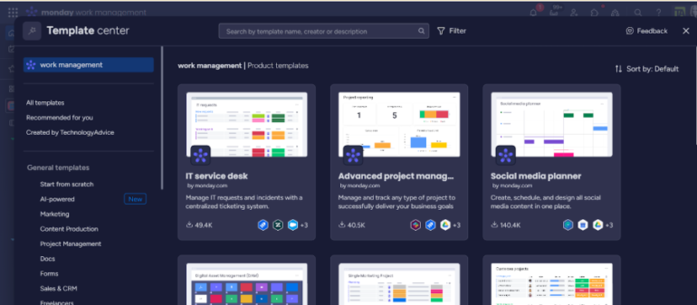 Monday Work Management Template Center with Buttons for It, Project Management, and Social Media Templates.