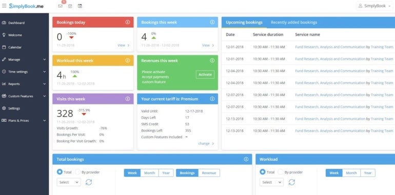 the Simplybook.me Dashboard Gives Users a Variety of Colorful and Interactive Booking Visualizations.