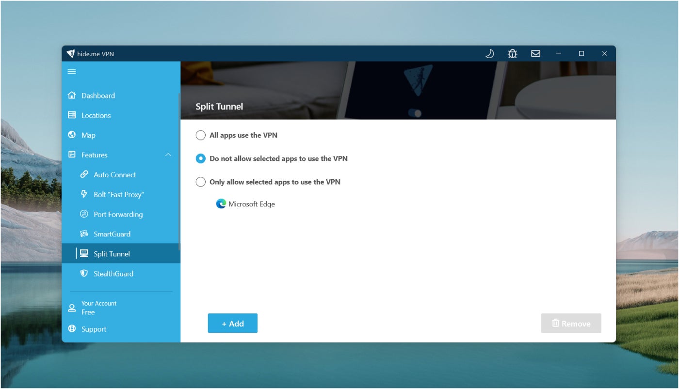 Hide.me Split Tunneling.
