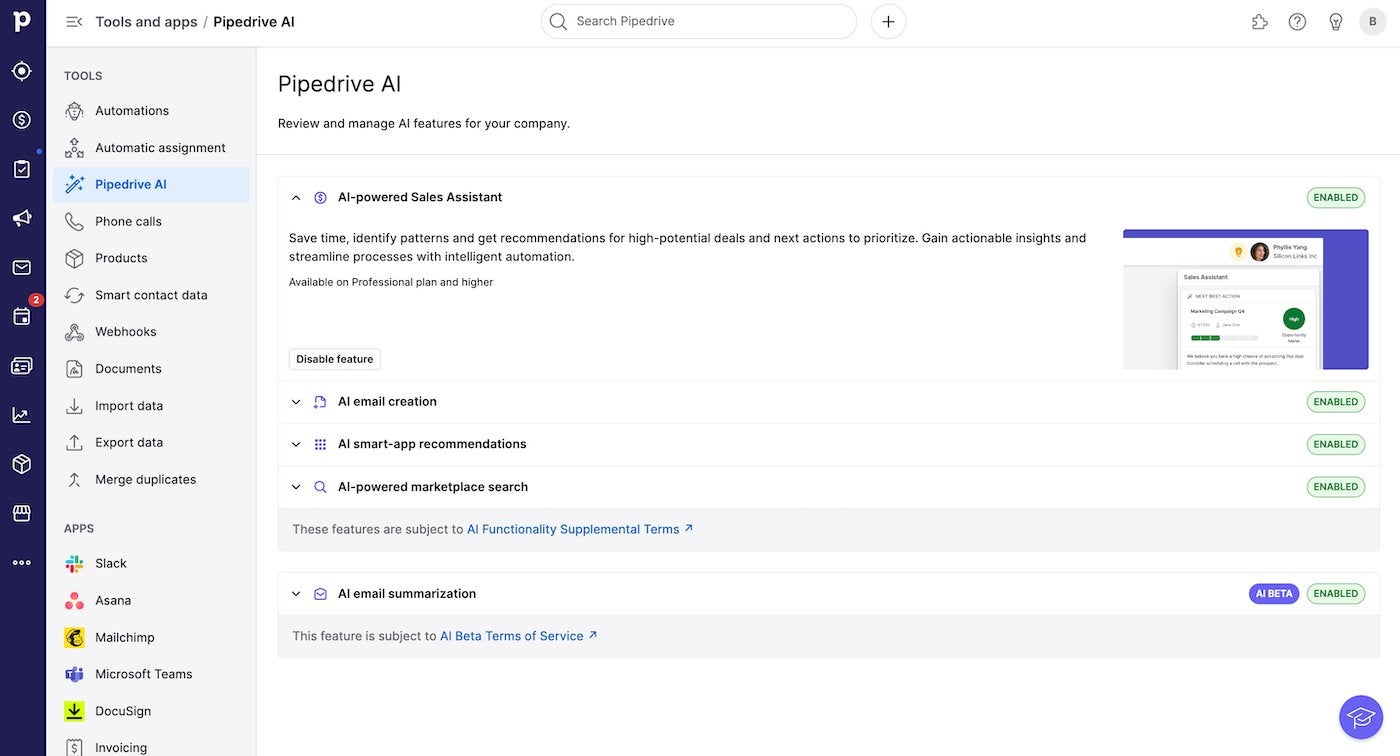 Pipedrive's Tools and Apps tab with list of Pipedrive AI's enabled features.