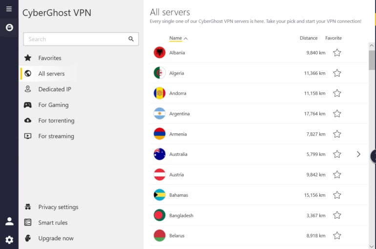 Screencapture of Cyberghost Vpn Showing Cyberghost Servers.