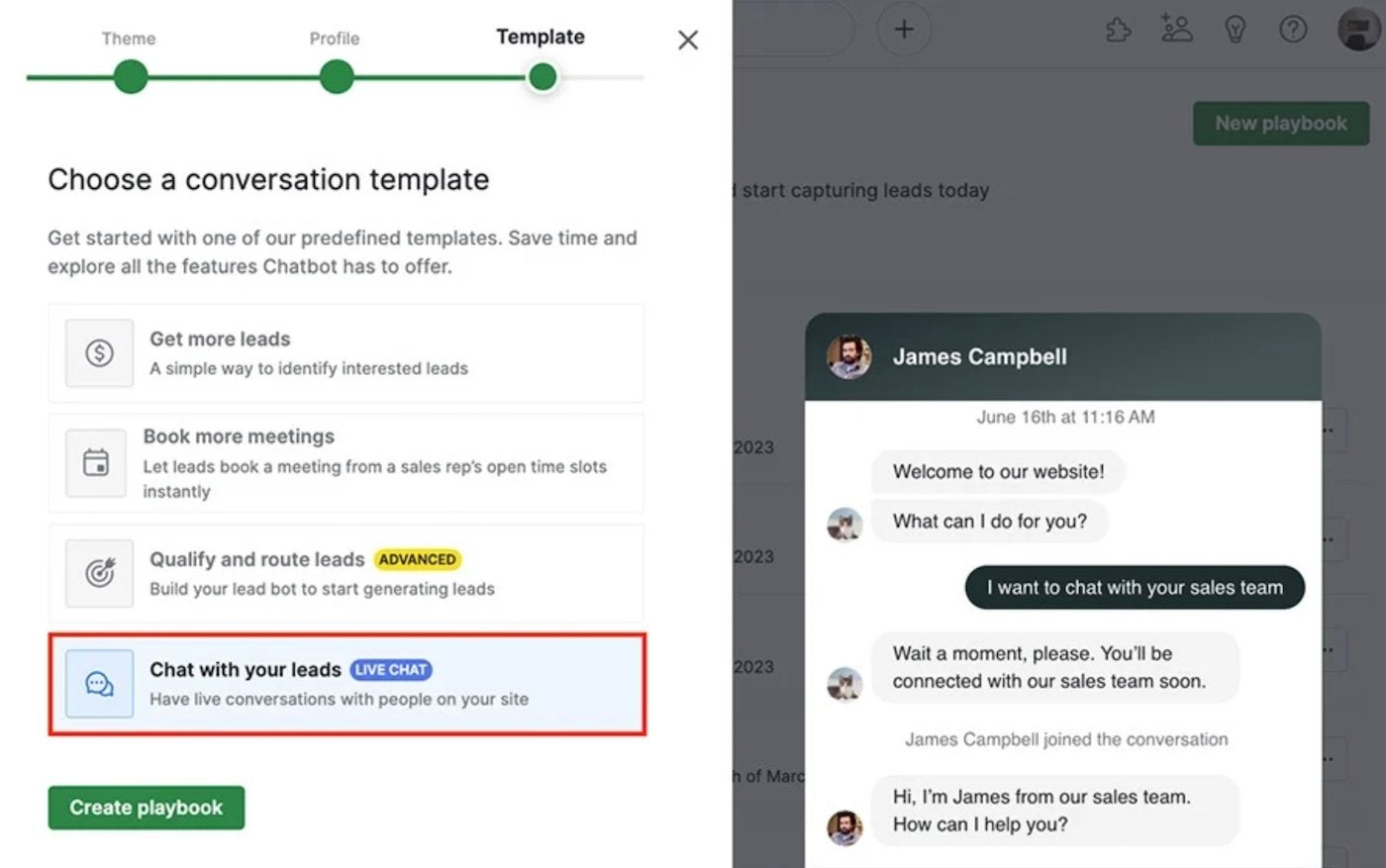 Pipedrive's live chat conversation template and a sample conversation between a chatbot and a lead.