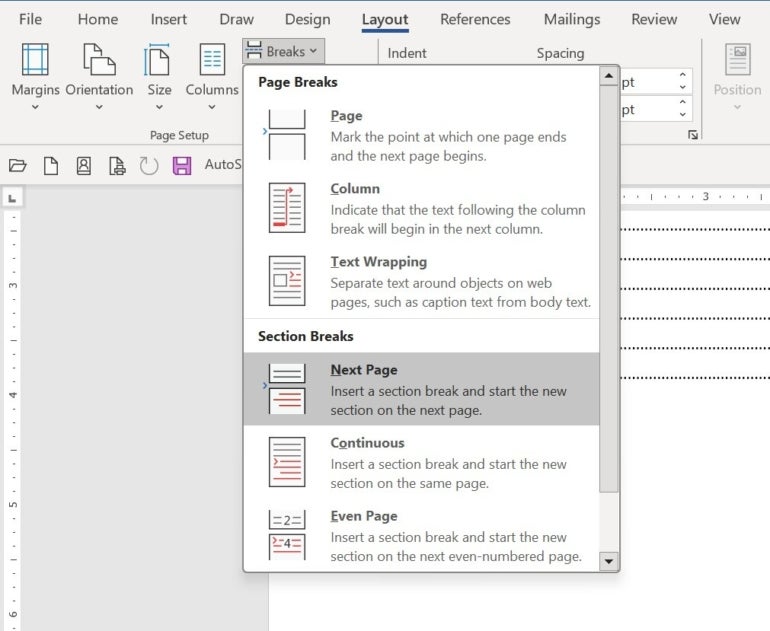 Choose a Section Break to Add to the Word Document.