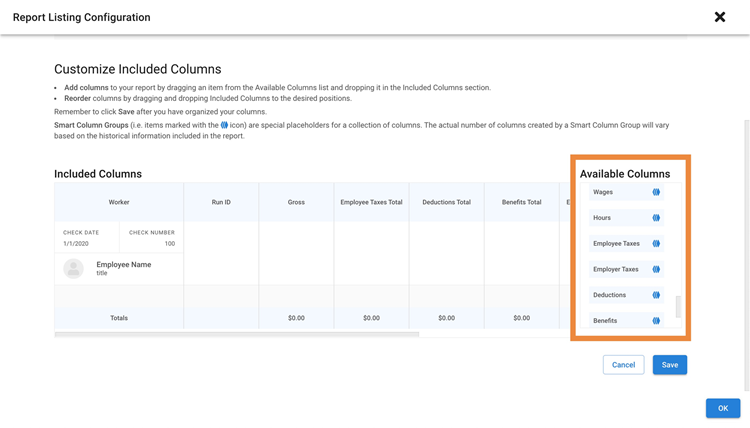 Screenshot of Onpay Smart Column Groups.