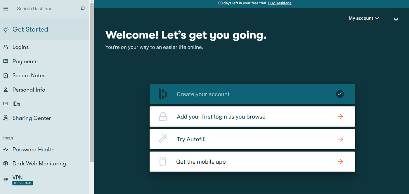 Screenshot of Dashlane Welcome Page.