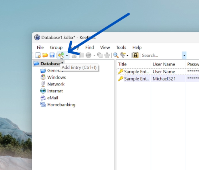 Keepass Add Entry Button on the Menu Bar.