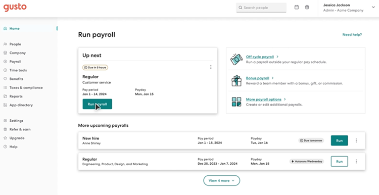 Screenshot of Gusto Payroll Dashboard.